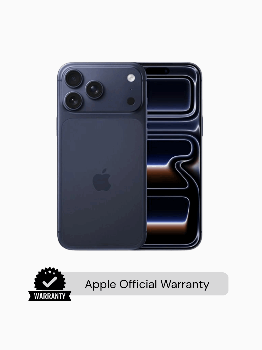 iPhone Price in BD. A dark blue Apple iPhone shown from the back, with a second view of the phone screen and camera area beside it. Below the phones is a badge reading 'WARRANTY' and a label that says 'Apple Official Warranty' on a light gray background.
